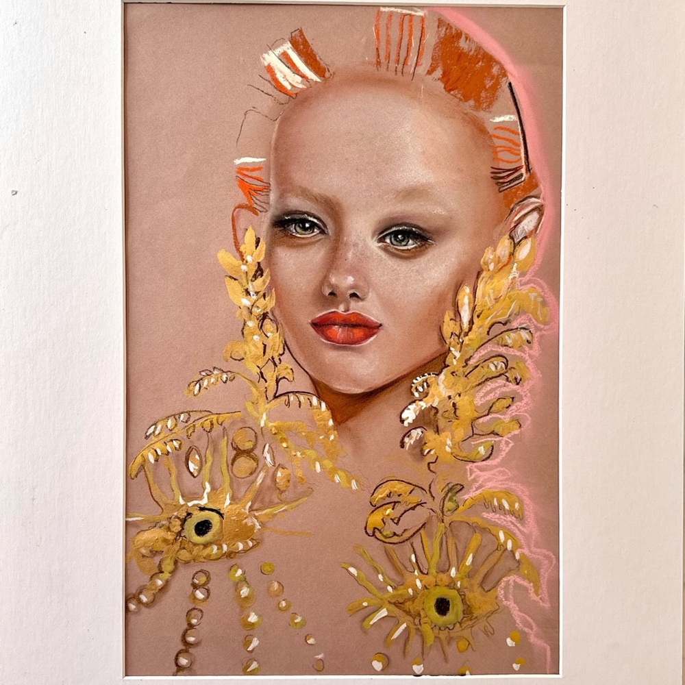 Pastel and acrylic on paper , framed .